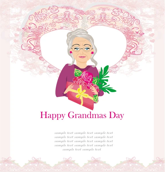 Wanita senior dengan sekelompok bunga, Happy Grandmas Day - Stok Vektor