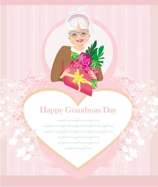 Senior woman with a bunch of flowers , Happy Grandmas Day — Stock Vector