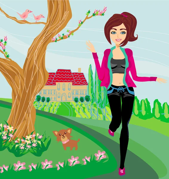 Chica trotando en primavera — Vector de stock