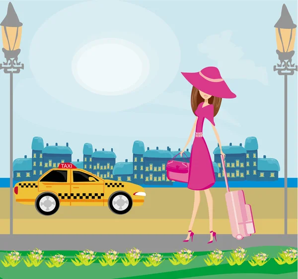 Mujer elegante esperando un taxi — Vector de stock