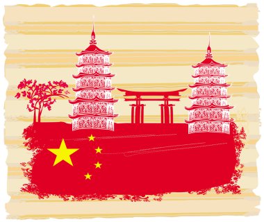 Binaları, bayrakları ve kapısı olan dekoratif Çin manzara kartı