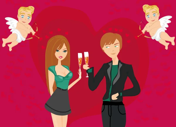 Jong stel flirten en champagne drinken — Stockvector