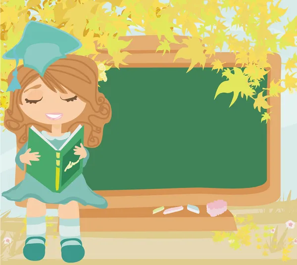 Green chalkboard with autumn leaves and schoolgirl with book — Stock Vector