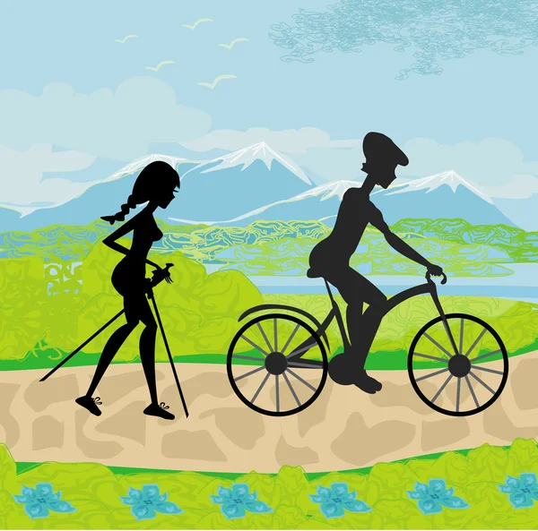 Aktívan eltölteni a napot - Nordic walking and riding a bike — Stock Vector