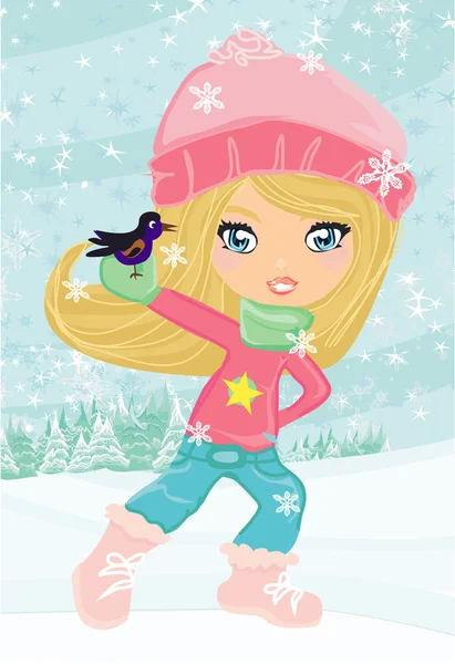 Little girl holding a bird — Stock Vector