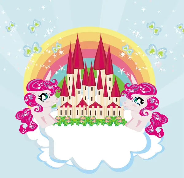 Card with a cute unicorns rainbow and fairy-tale princess castle — Stock Vector