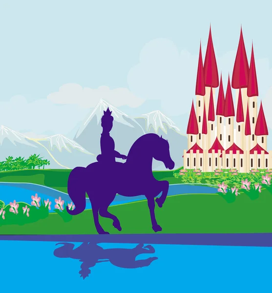 Príncipe montando um cavalo para o castelo —  Vetores de Stock