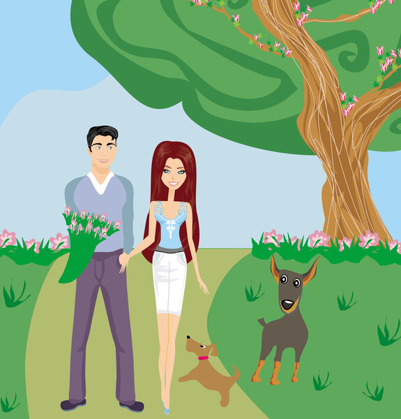 пара на прогулке с собаками