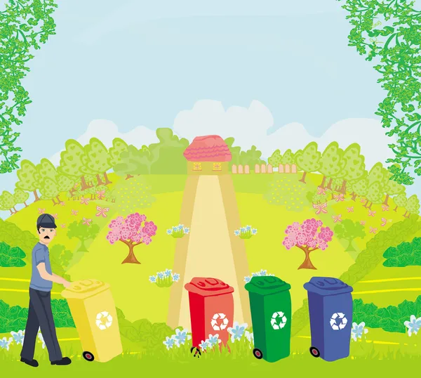 Colorful recycle bins ecology concept with landscape — Stock Vector