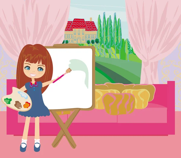 Little artist girl painting landscape from the window — Stock Vector