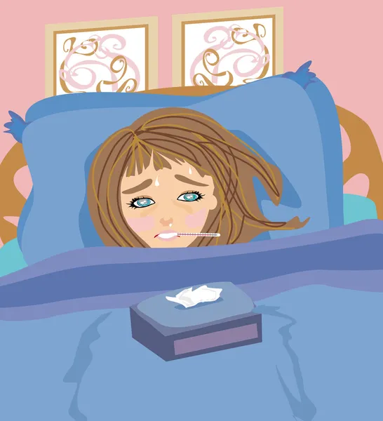 Ziek meisje liggend in bed — Stockvector