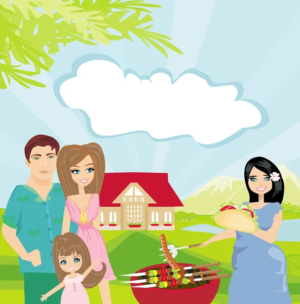 Family having barbecue in the garden — Stock Vector