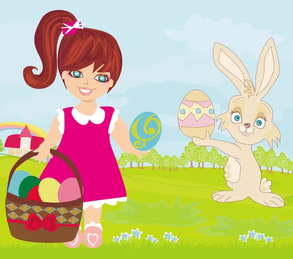 可爱的女孩和复活节兔子 — 图库矢量图片