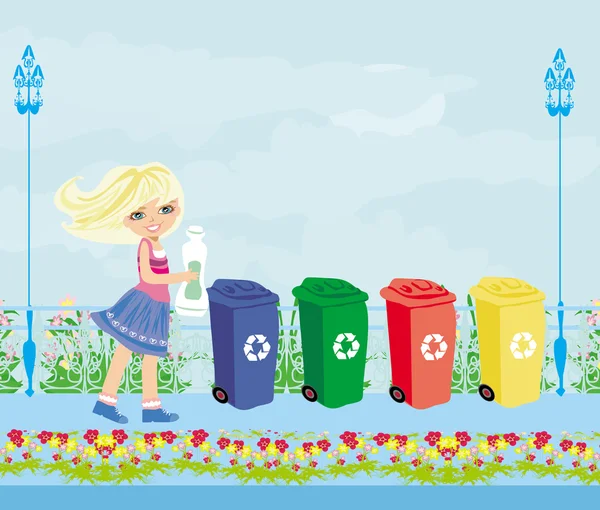 Fille recyclage des bouteilles en plastique — Image vectorielle