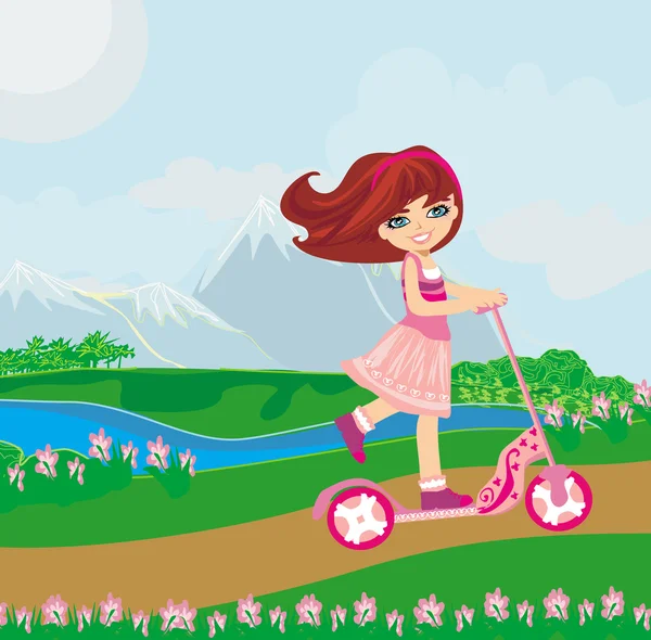 Niña montando un scooter — Vector de stock