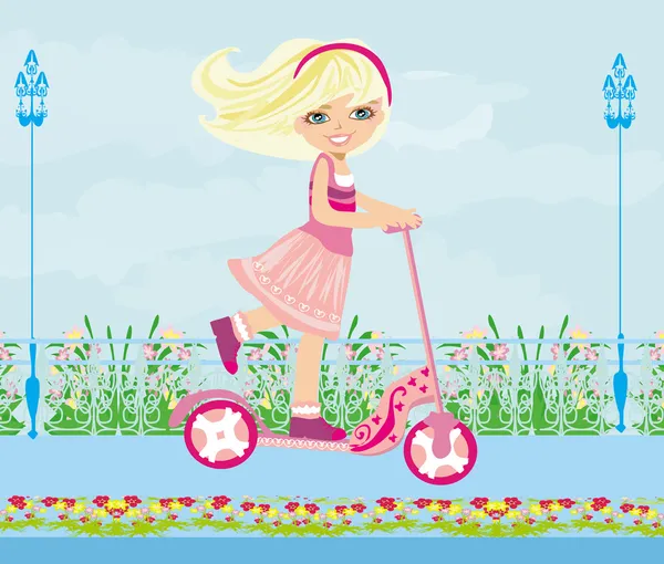 Little blonde girl riding a scooter — Stock Vector