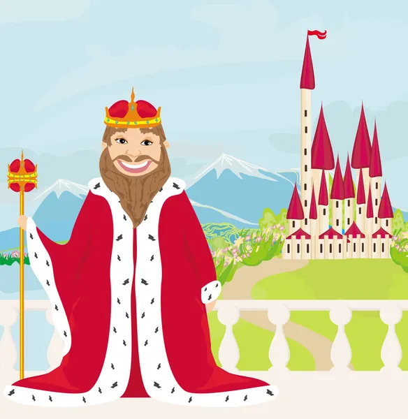 Ο χαμογελαστός Βασιλιάς κοιτάζει το κάστρο. — Διανυσματικό Αρχείο
