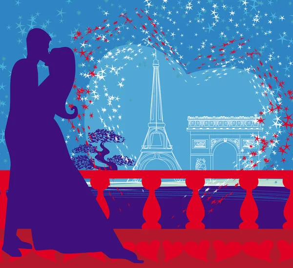 Romantisch koppel in Parijs zoenen in de buurt van de Eiffeltoren — Stockvector