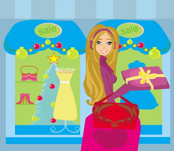 Beautiful woman doing the shopping in winter — Stock Vector