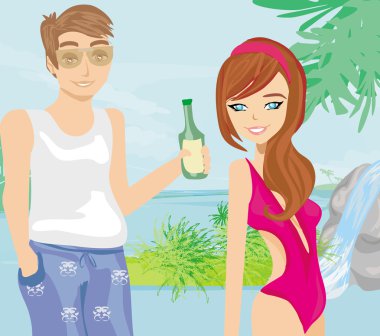 Genç çift tropikal bir yerde flört ediyor.