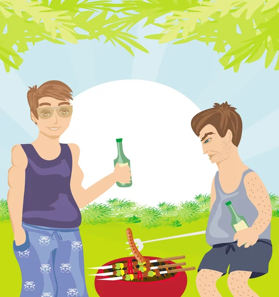 Two men barbecuing - funny barbecue Party Invitation — Stock Vector