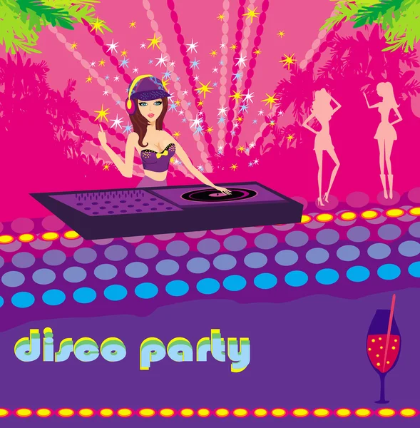 Beautiful DJ girl and girls dancing at a party — Stock Vector