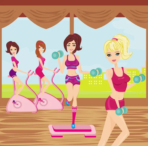 Chicas haciendo ejercicio en un gimnasio — Archivo Imágenes Vectoriales