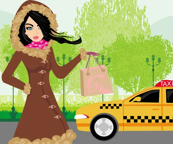 Mujer elegante esperando un taxi — Vector de stock