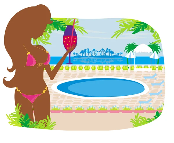 Girl with a drink on tropical pool — Stock Vector