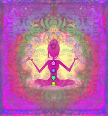 Yoga nilüfer pozu. Renkli çakra noktalı Padmasana.