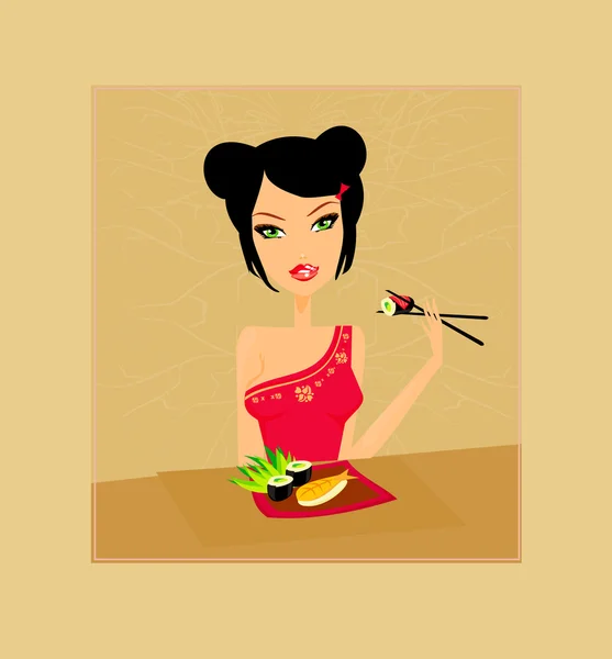 A beautiful woman enjoys sushi — Stock Vector