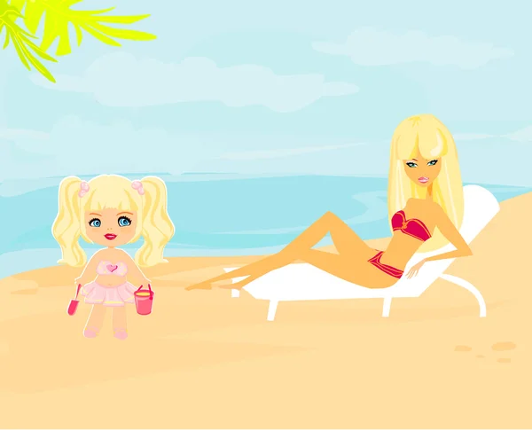 Young mother and her daughter at beach — Stock Vector