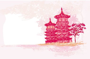 soyut Asya peyzaj üzerinde Japonca tapınak ile eski kağıt