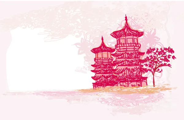 Soyut Asya peyzaj üzerinde Japonca tapınak ile eski kağıt — Stok Vektör