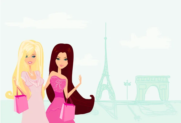 Hermosas chicas Compras en París — Vector de stock