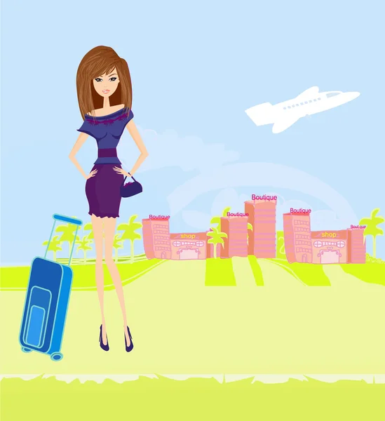 Beauty travel girl with baggage — Stock Vector