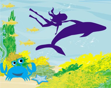 Kız-dalgıç bir yunusla birlikte yüzüyor. 