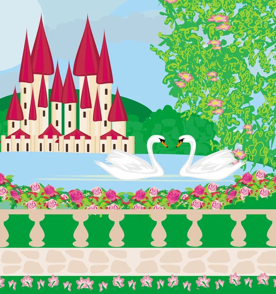 Paisaje con un hermoso castillo, jardines y dos cisnes — Vector de stock
