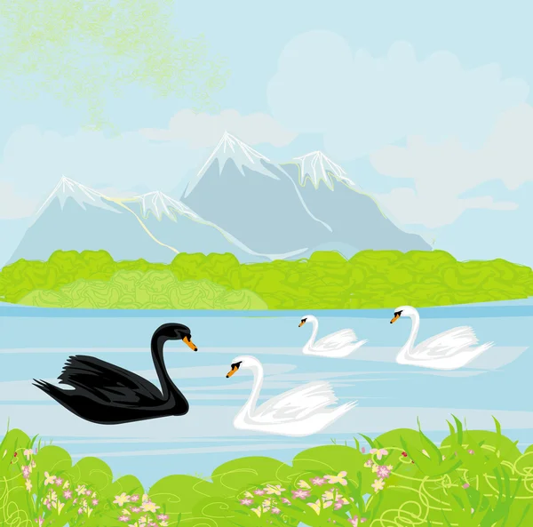 Paisagem vetorial com montanhas e cisnes no lago — Vetor de Stock