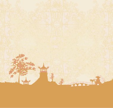 soyut Asya peyzaj üzerinde Çince Tapınağı ile eski kağıt