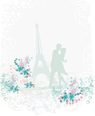 Romantik Çift Paris'te Eyfel Kulesi'ne öpüşme. silhouet