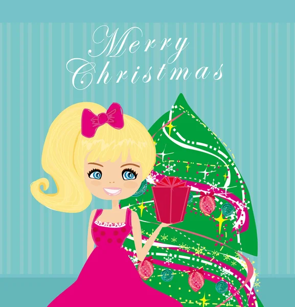 Aranyos lány ajándék doboz közel karácsonyfa — Stock Vector