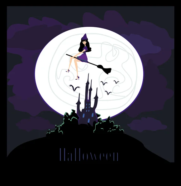 Witch flying on a broom in moonlight. — Stock Vector