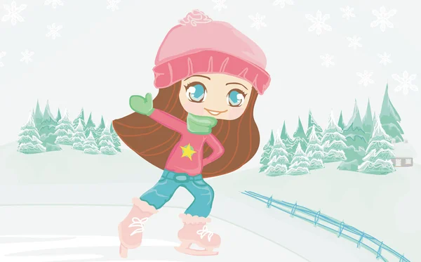 Feliz niña en patines en el paisaje de invierno — Archivo Imágenes Vectoriales