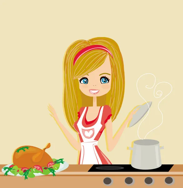 美しい女性が台所で料理をランチ — ストックベクタ