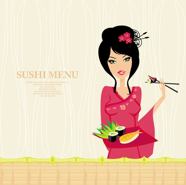 Hermosa chica asiática disfrutar de sushi - tarjeta de menú — Vector de stock