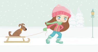 tatlı bir kız ve köpeği üzerinde kış manzarası