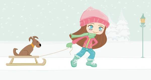 Sweet girl and her dog on winter landscape — Stock Vector