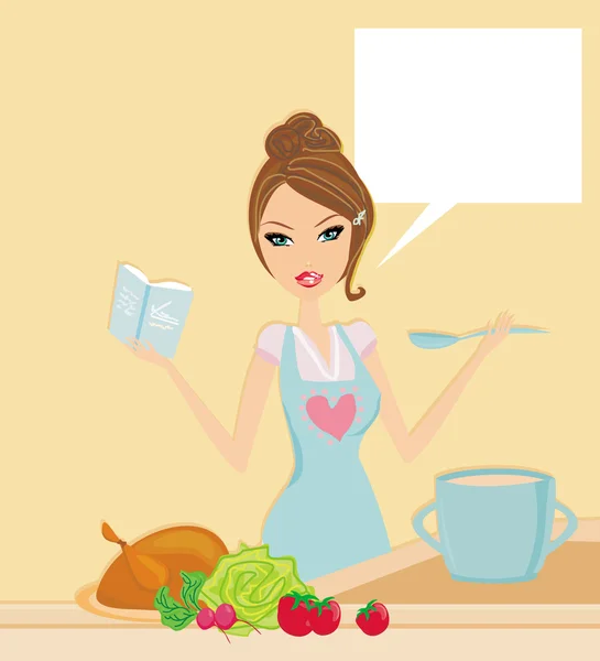 Beautiful lady cooking lunch with cookbook — Stock Vector