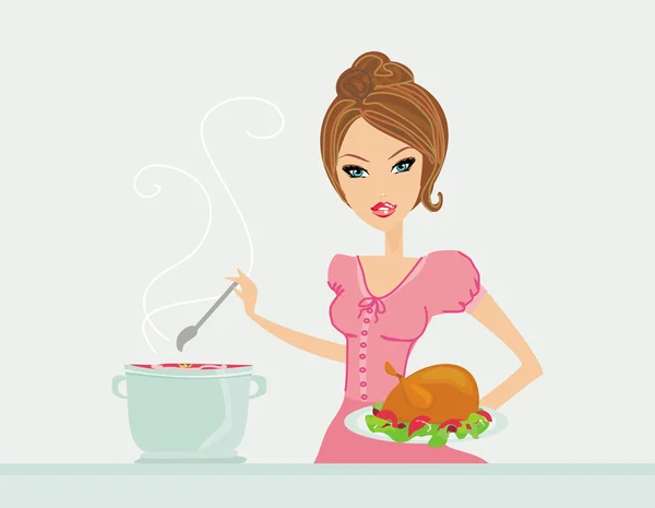 Hermosa señora cocinando sopa y pollo — Vector de stock